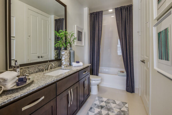 Bathroom with wood style cabinets, stone counters, large framed mirror, and tiled shower tub.