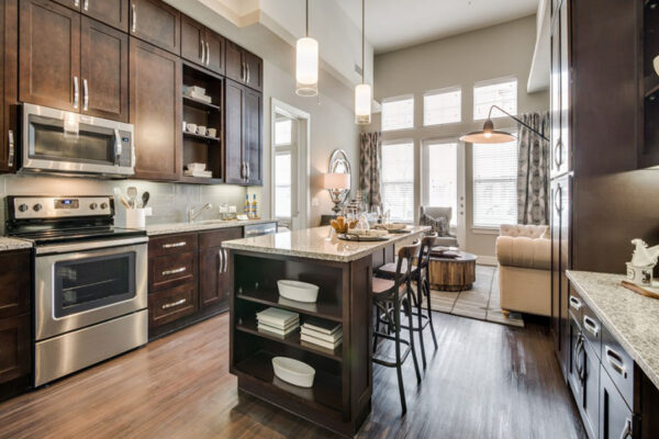 Kitchen with wood style floor and cabinets, stone counters, stainless steel appliances, and pendant lights.