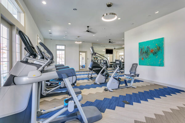 Fitness center with colorful carpet, cardio machines, and large windows.