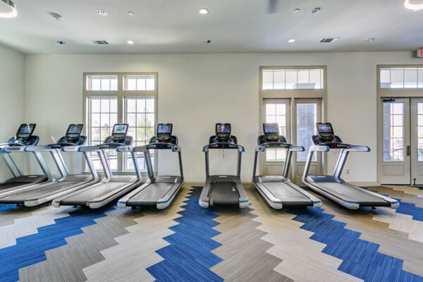 Fitness center with colorful carpet, treadmills, and large windows.