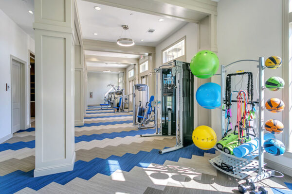 Fitness center with colorful carpet, large windows, and calisthenics equipment.