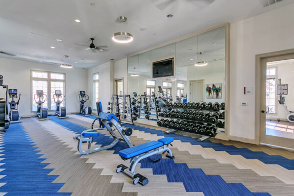 Fitness center with colorful carpet, mirror walls, weight equipment, and cardio machines.