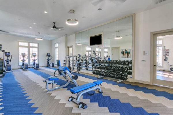 Fitness center with colorful carpet, mirror walls, weight equipment, and cardio machines.