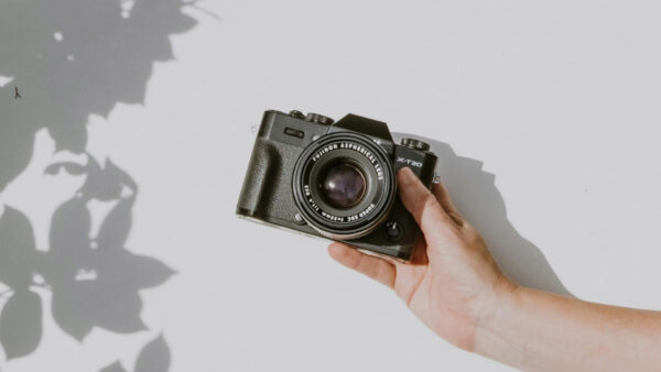 Person holding film-style camera in bright sunshine.