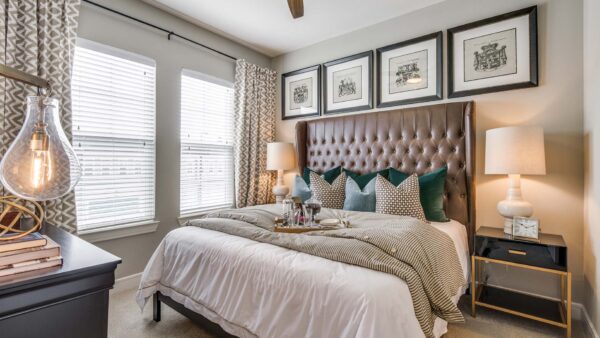 Furnished bedroom at The Kathryn Frisco apartments.