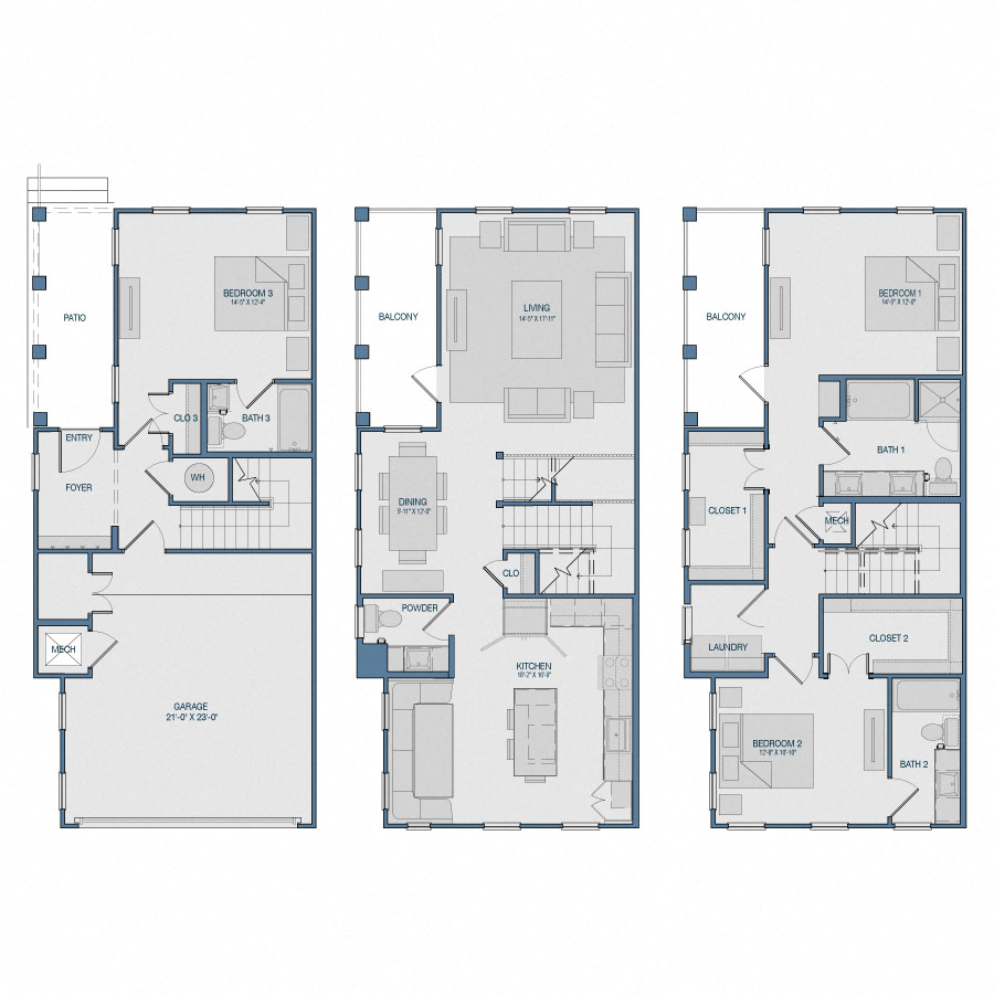Rendering of the TH4 floor plan with 3 bedroom[s] and 3.5 bathroom[s] at The Kathryn