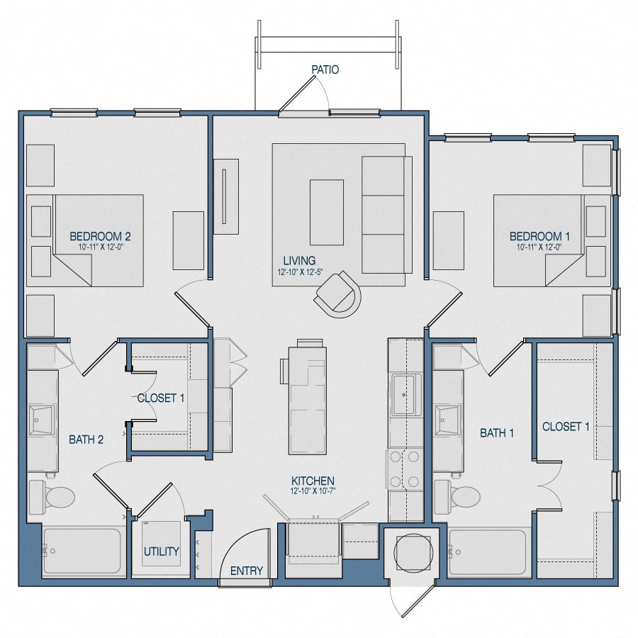 Rendering of the B2 floor plan with 2 bedroom[s] and 2 bathroom[s] at The Kathryn
