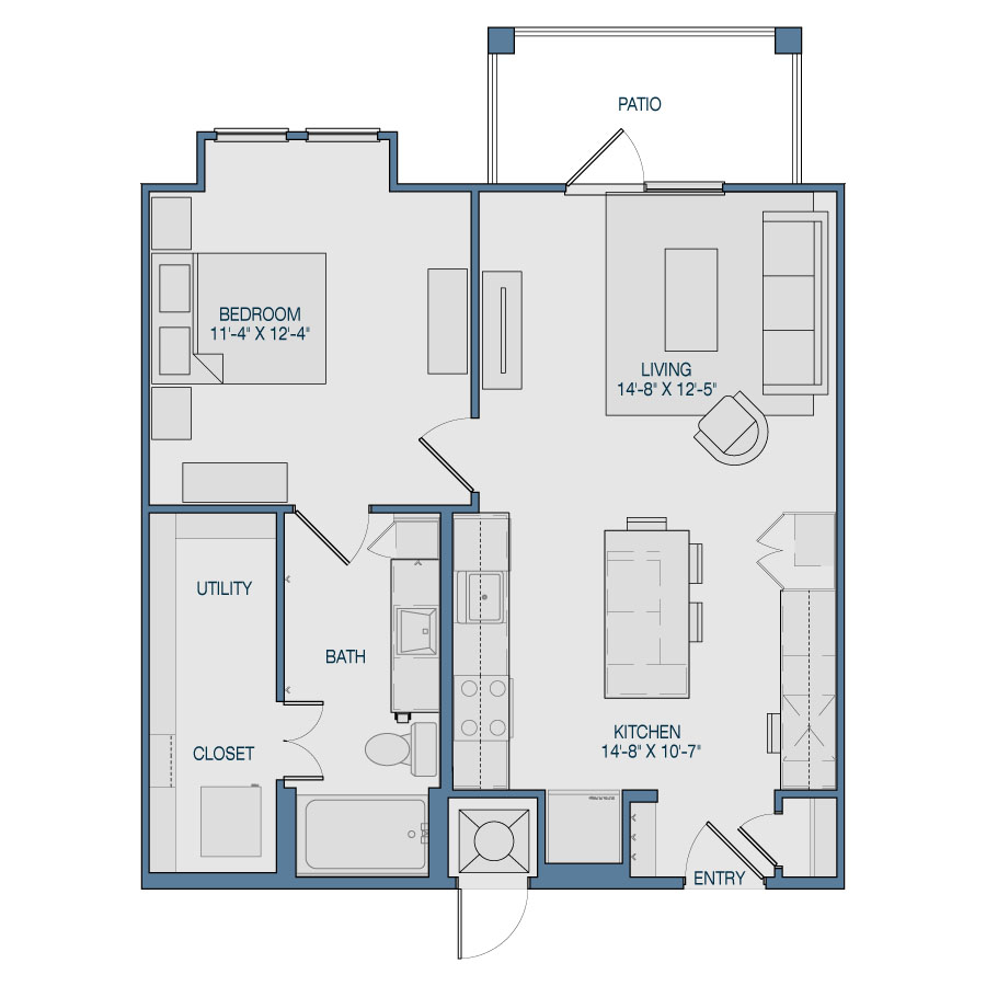 Rendering of the A2 floor plan with 1 bedroom[s] and 1 bathroom[s] at The Kathryn