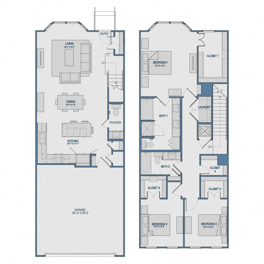 Rendering of the TH3 floor plan with 3 bedroom[s] and 2.5 bathroom[s] at The Kathryn