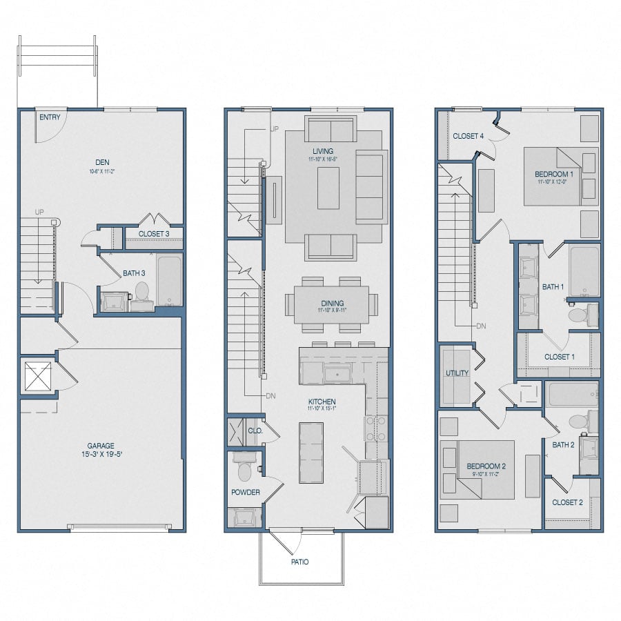 Rendering of the TH2 floor plan with 2 bedroom[s] and 2.5 bathroom[s] at The Kathryn